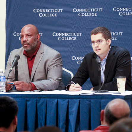 Jelani Cobb (left) and Conor Friedersdorf offered differing opinions on race and free speech at a recent College event, moderated by NPR's John Dankosky.