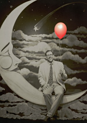 Christopher Steiner, with a red balloon, sitting on the moon, tintype