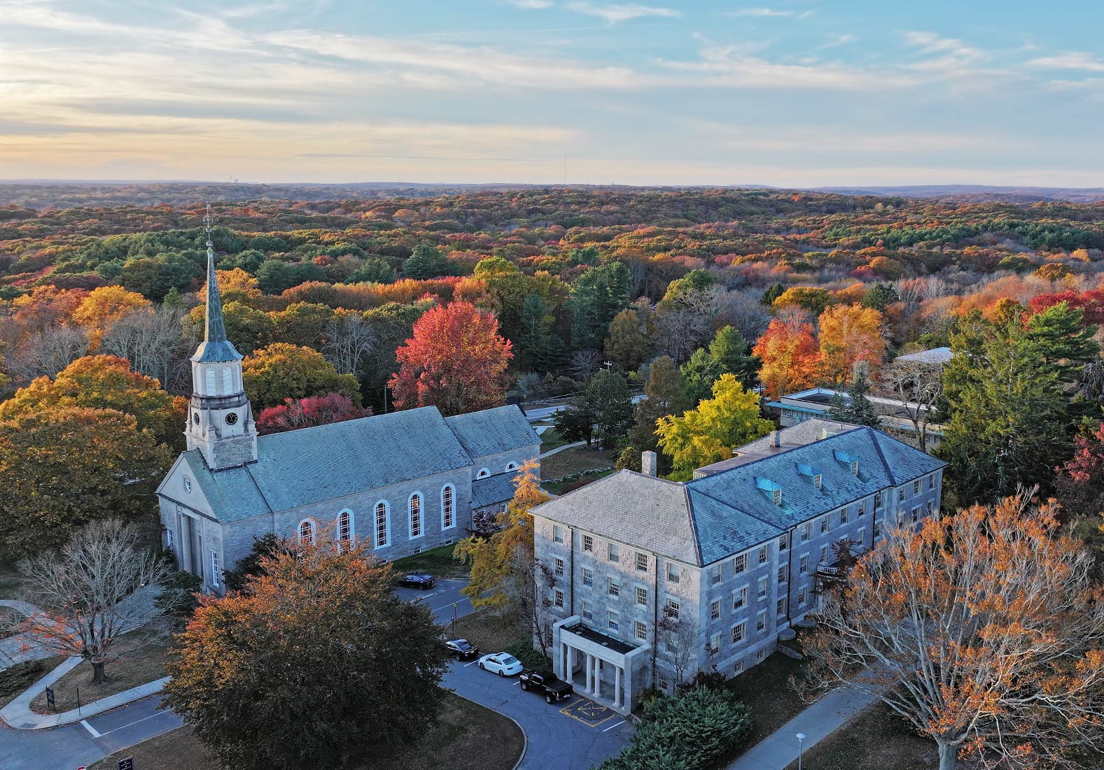 An aerial photo of the campus in autumn.