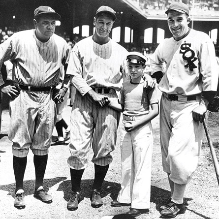 THE FIRST ALL-STARS: Babe Ruth, Lou Gehrig, Ed Diamond (a young fan), and Al Simmons at the very first All-Star Game in 1933. The Mid-Summer Classic debuted in front of a sellout crowd of 47,595 at Comiskey Park in Chicago. Photos throughout courtesy the National Baseball Hall of Fame Library, Cooperstown, N.Y.