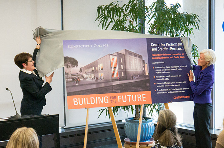 President Bergeron and Trustee Emerita Pam Zilly ’75 unveil plans for transforming Palmer Auditorium and Castle Court into a vibrant center for performance and creative research.