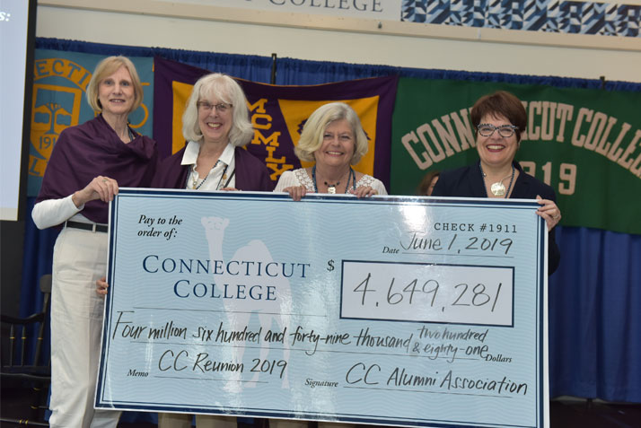 Members of the 50th Reunion Committee (L-R: Ann Barber Smith '69, Alice H. Wellington '69, Heather Morrison '69, P'95) present a check to President Katherine Bergeron for total Reunion dollars raised to date 