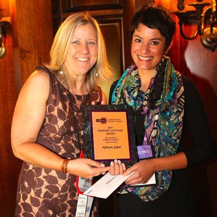 Sociology professor Afshan Jafar (right) recently received the 2015 Feminist Activism Award from Sociologists for Women in Society.