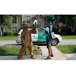 Elias arrived on campus in a Google Maps Street View car and met briefly with the Connecticut College Camel before embarking on a high-tech hike through campus. 