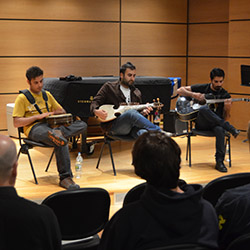 Members of the Pakistani folk-rock group Khumariyaan talk about their music and give a demonstration for Connecticut College music students.