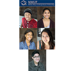 2014 Mellon Mays Undergraduate Fellows. From top left: Kamal Kariem, Leela Riesz, Chakena Sims, Miranda Young and Kevin Zevallos.