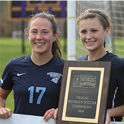 Women's soccer players Astrid Kempainen '15, left, and Grace Bilodeau '15 are two of the 52 Connecticut College student-athletes named to the NESCAC Fall All-Academic Team. 