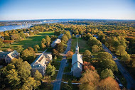 Looking south over Harkness Chapel and Harkness and Tempel greens toward Long Island Sound.