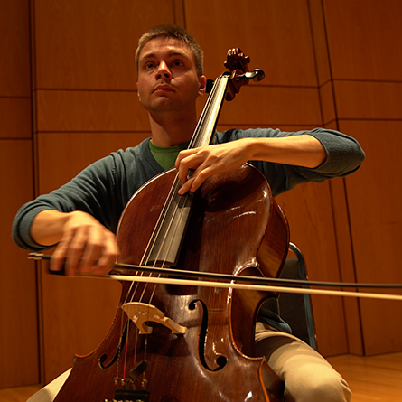 Gerard Lanzano ’17 practices on his cello, Pyotr 