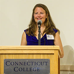 Amanda Clark '05 speaks at her induction into the Connecticut College athletic Hall of Fame
