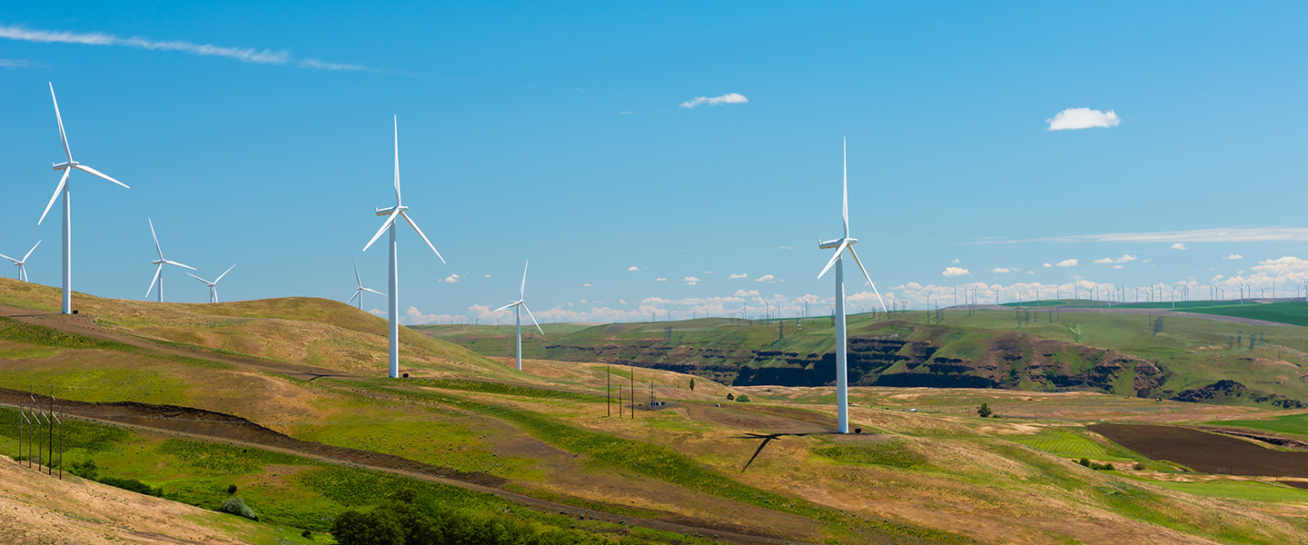 Wind turbines on a hilly landscape. 