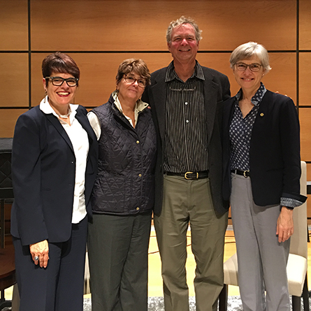From left: President Katherine Bergeron, Susan Froshauer ’74, David Haussler ’75 and Lynne Cooley ’76.