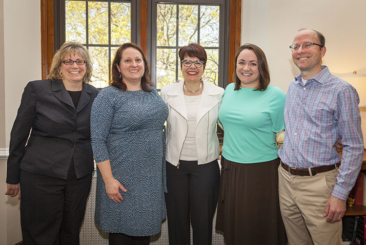 At center: President Katherine Bergeron and Makayla Grays (Rising Star Award), assistant director, institutional research and planning with John Nugent, director of institutional research and planning, and members of the President’s office staff. 