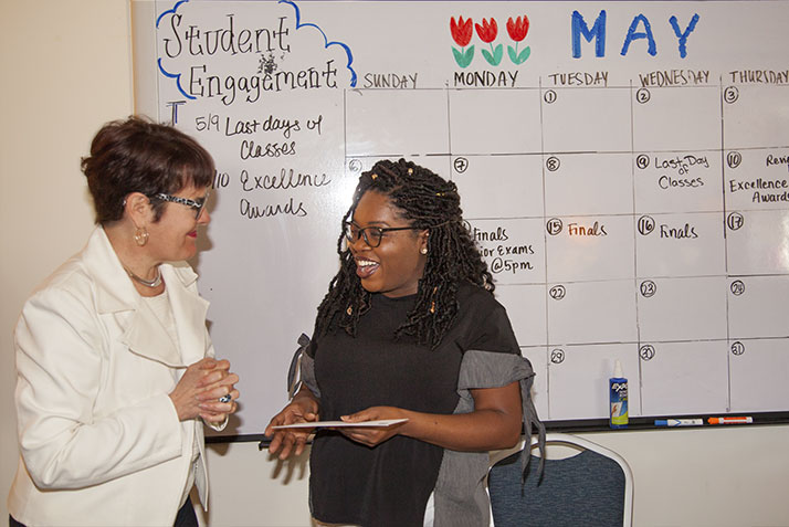 Left to right: President Katherine Bergeron and Jeannette Williams (Student Support Award), associate director of student engagement and new student programs.