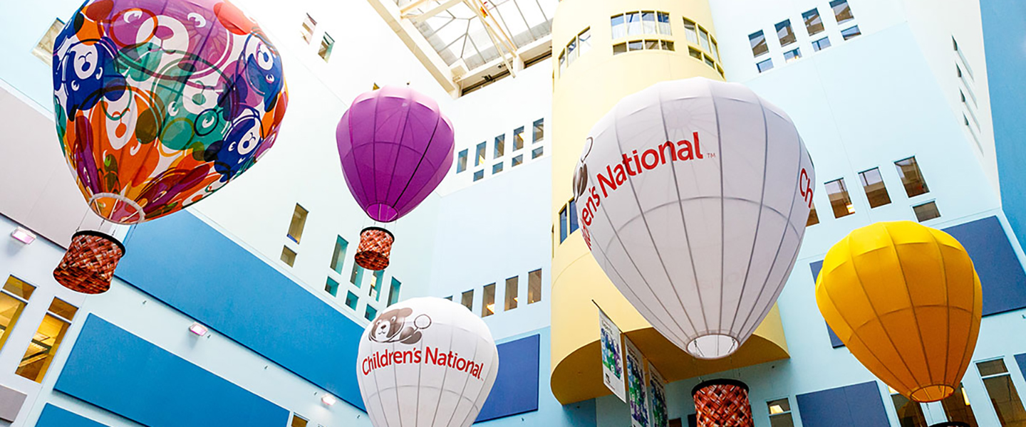 Hot air balloons decorate the inside of the Children