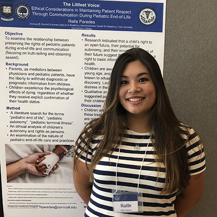 Halle Paredes '21 with the poster she presented on the final day of Yale University’s Sherwin B. Nuland Summer Institute in Bioethics. She will present her research at the UNESCO World Conference on Bioethics, Medical Ethics, and Health Law in Porto, Portugal, this spring. 