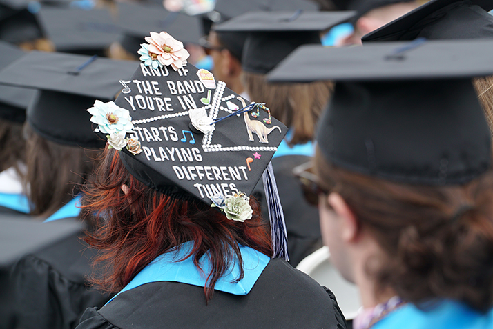 A close-up of a decorated graduation cap