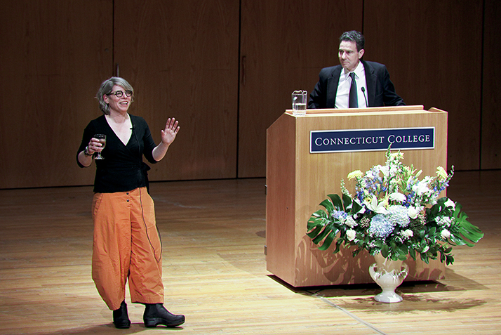 Jill Lepore answers questions from the audience as Dean of the College Jefferson Singer looks on. 