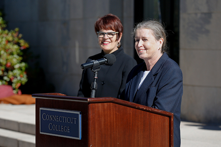 Nancy Athey ’72 speaks at the groundbreaking ceremony as President Katherine Bergeron looks on.