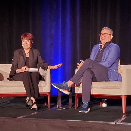 President Katherine Bergeron interviews Jonathan McBride ’92 on stage during the  Council of Independent Colleges’s annual Presidents Institute.