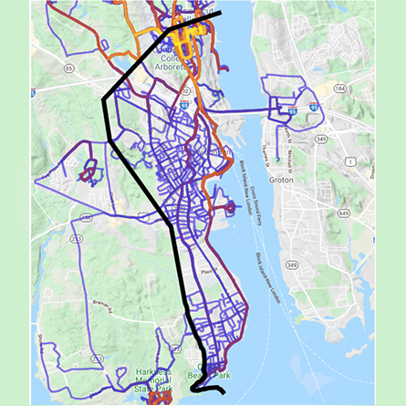 Joseph Walewski ’23 tracks his runs on this color-coded map of Fairfield. 