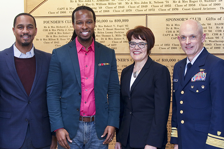 L-R: Dean of Institutional Equity and Inclusion John McKnight, Ibram X. Kendi, President Katherine Bergeron and Rear Admiral William G. Kelly