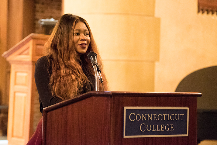 Shay Borden ’21 speaks at the “Dreaming of Another World” event in Connecticut College’s Harkness Chapel Jan. 27. 