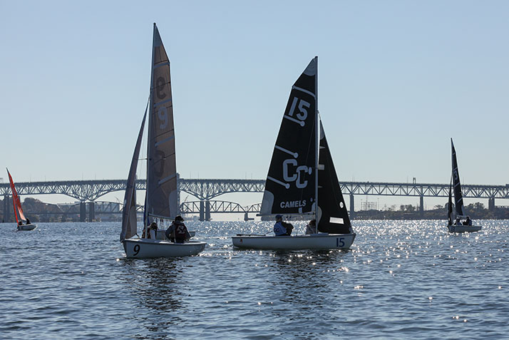 Sailboats on the Thames River as Conn competes against Boston College in a head-to-head regatta