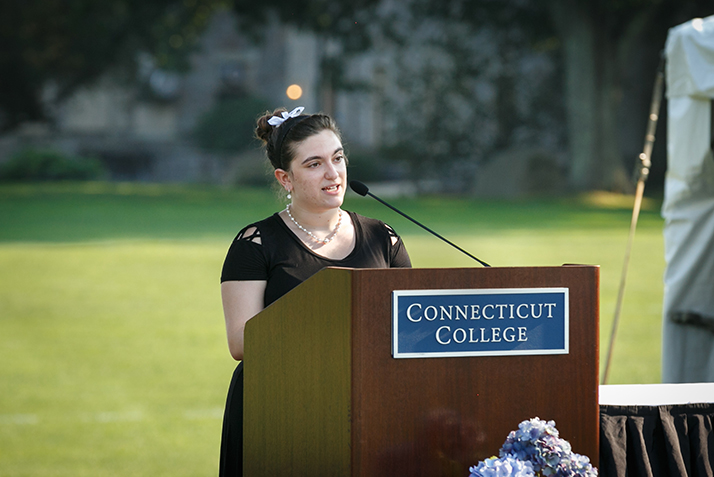 Emmanuella Aspras ’22, vice president of Conn’s Student Government Association, addresses the new students.