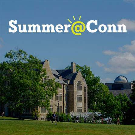 The Summer@Conn logo over a picture of a campus building.