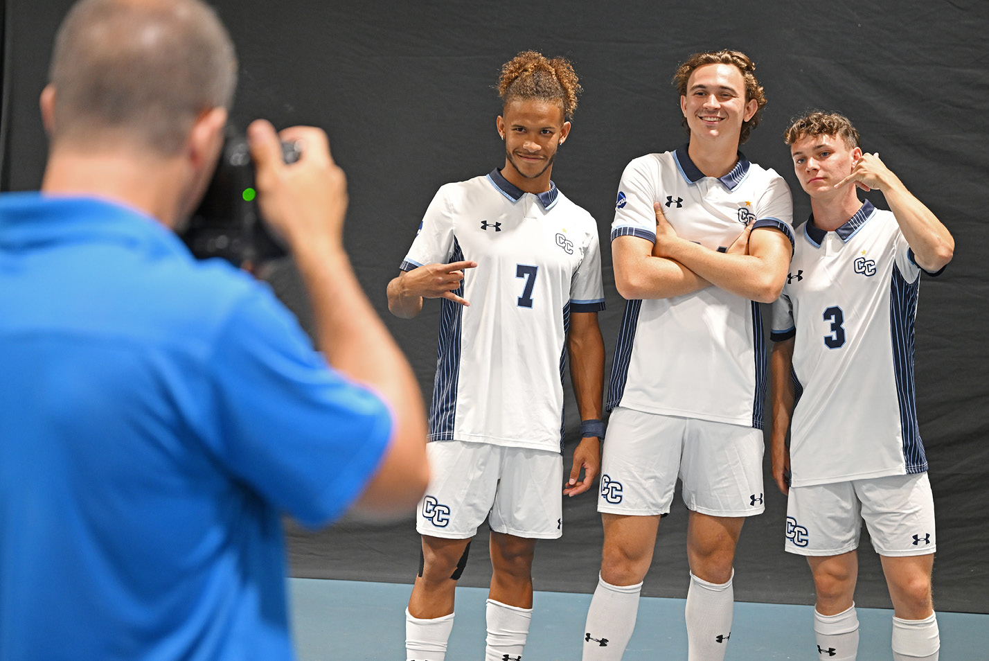 Members of the men's soccer team pose for a photo at Media Day.