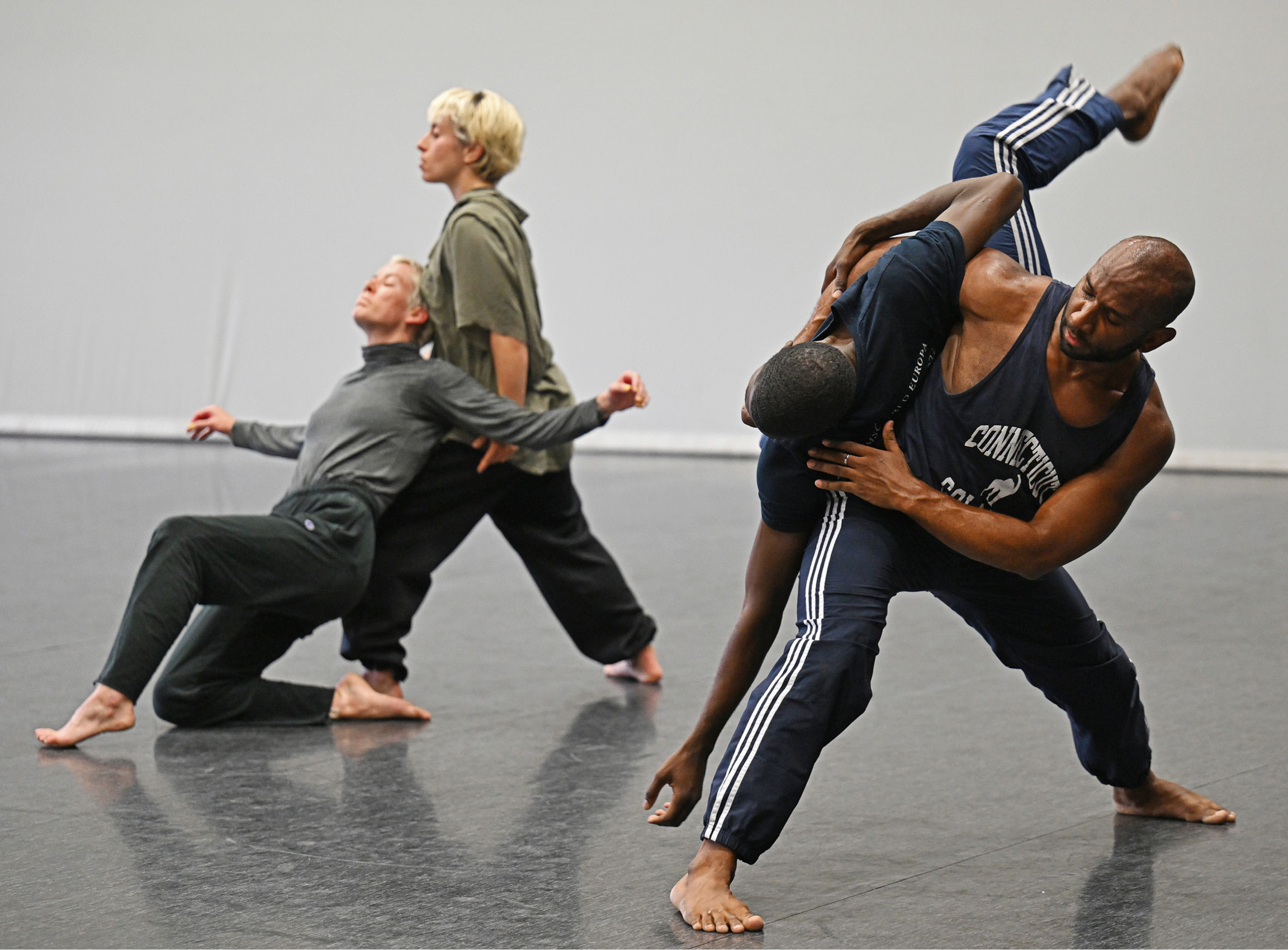 David Dorfman dancers perform for high school students during an intensive Summer @ Conn session.