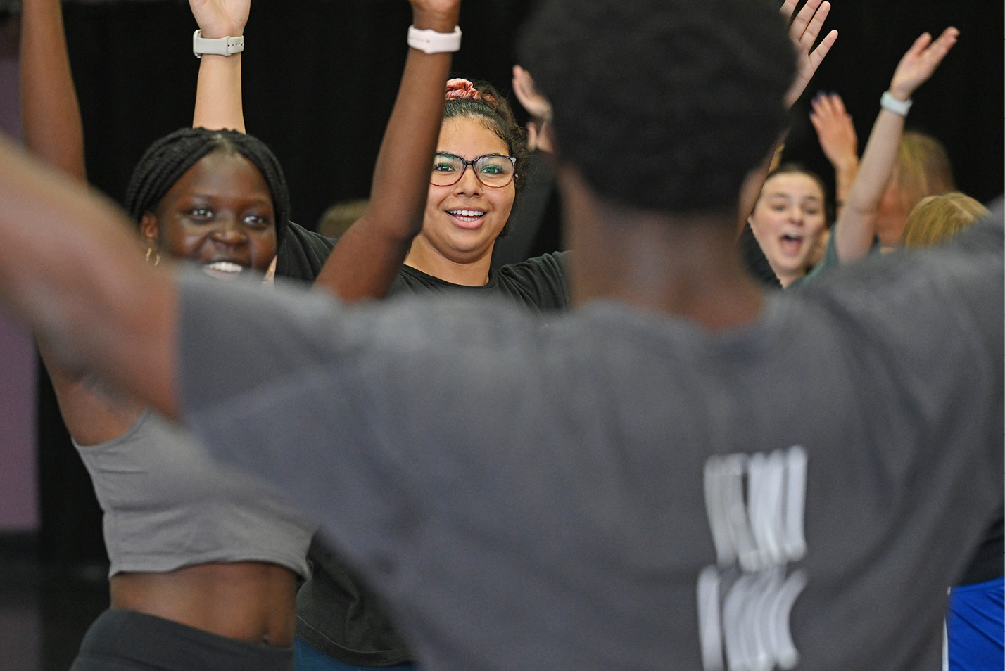 Students dance in Shani Collins-Achille’s West African Dance class.