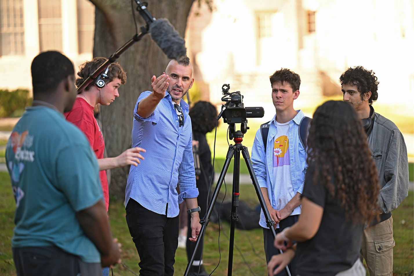 Professor of Film Studies Ross Morin leads a lesson on motivated camera movements for students in a section of his FLM 110 Tools of Motion Picture Production course.