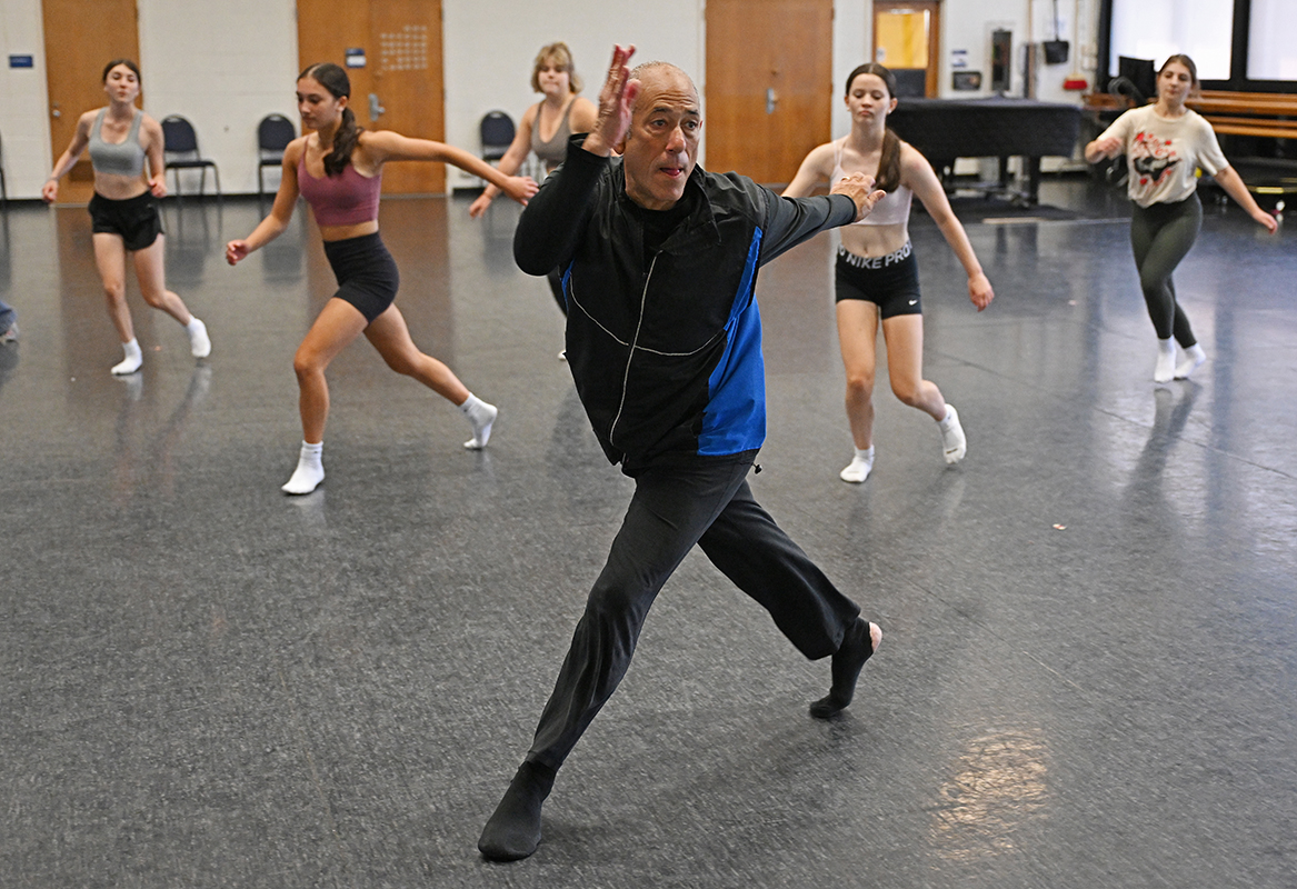 Professor of Dance David Dorfman '81 leads high school students in a Summer@Conn Dance Intensive.
