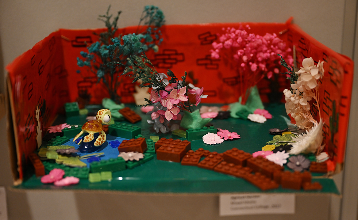 “Apricot Garden,” by Alina Khan ’27, Mixed Media, 2027, part of “Timeless Ties: The Art of Childhood” a pop-up exhibit at the Lyman Allyn Art Museum.