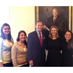 Students Casey Dillon '14, Julia Cristofano '14, Alia Roth '14 and Carter Goffigon '14 were among the many participants in the roundtable discussion with Sen. Richard Blumenthal. Photo courtesy of Alia Roth '14.