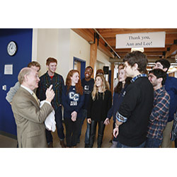 President Higdon talks with students at a recent event in his honor.