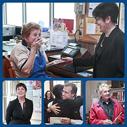 President Katherine Bergeron surprised each of the four Presidential Staff Recognition Program inaugural honorees -- while they were going about their daily work -- with the news they had won. This compilation photo of Helene (Eleni) Mosher (top), Lori Balantic (bottom left), Victor Arcelus (bottom center) and Hobie Walton (bottom right), garnered 458 likes and nearly two dozen comments on Instagram. 